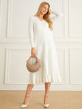 Elegant Plain Long Sleeve Buttoned Pleated Sweater Dress