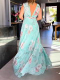Zjkrl - Sleeveless Floral Printed Split-Side V-Neck Maxi Dresses