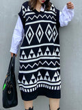 Zjkrl - Long Sleeves Loose Contrast Color Diamond-Patterned Split-Joint Lapel Midi Dresses Sweater Dresses