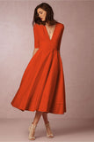 Zjkrl - New Sexy Deep V Mid Sleeve Dress Midi Dress Skater Dresses