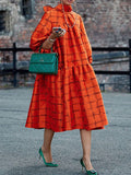 Zjkrl - Original Creation Loose Puff Sleeves Plaid High-Neck Midi Dresses