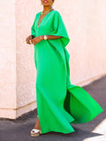 Zjkrl - Batwing Sleeves Loose Solid Color Split-Side V-Neck Maxi Dresses