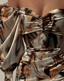 Zjkrl - Abstract Print Off Shoulder Ruched Bodycon Dress