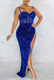 Zjkrl - Red Fashion Sexy Patchwork Sequins See-through Backless Spaghetti Strap Irregular Dress