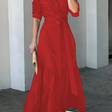 Zjkrl - Solid Button Front Belted Dress, Elegant Ruched Sleeve Ruffle Trim Maxi Dress, Women's Clothing