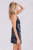 Zjkrl Sexy Sequin V Neck Backless Mini Dress