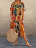 Zjkrl - A-Line Loose Printed Round-Neck Midi Dresses