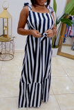 Zjkrl - Black Casual Sweet Daily Simplicity Striped Patchwork With Belt Contrast Spaghetti Strap Dresses