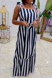 Zjkrl - Black Casual Sweet Daily Simplicity Striped Patchwork With Belt Contrast Spaghetti Strap Dresses