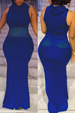 Zjkrl - Blue Sexy Daily Party Elegant Simplicity Patchwork See-through Mesh Half A Turtleneck Sleeveless Dress Dresses