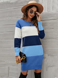 Zjkrl - Casual Long Sleeves Contrast Color Round-Neck Sweater Dresses