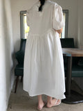 Zjkrl - Original Loose Solid Color Pleated Puff Sleeves Midi Dress
