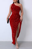 Zjkrl - Dark Gray Sexy Formal Solid Sequins Patchwork Backless Slit One Shoulder Evening Dress Dresses