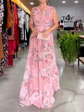 Zjkrl - Elegant Empire Bandage Floral Printed V-Back Maxi Dresses