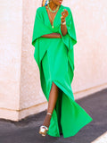 Zjkrl - Batwing Sleeves Loose Solid Color Split-Side V-Neck Maxi Dresses