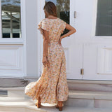 Zjkrl - Summer Beach Maxi Dress Women Floral Print Boho Long Dress Ruffles Wrap Casual V-Neck Split Sexy Party Dress