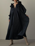 Zjkrl - Loose Puff Sleeves Pleated Solid Color Split-Joint Tiered V-Neck Midi Dresses