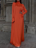 Zjkrl - Flared Sleeves Long Sleeves Solid Color High-Neck Maxi Dresses