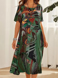 Zjkrl - A-Line Loose Printed Round-Neck Midi Dresses