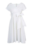 Zjkrl - Bowknot Lace-Up Solid Color V-Neck Midi Dresses