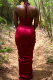 Zjkrl - Red Elegant Vacation Solid Fold Halter Long Dress Dresses