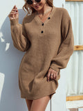 Zjkrl - Casual Puff Sleeves Solid Color V-Neck Sweater Dresses