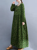 Zjkrl - Artistic Retro Long Sleeves Loose Floral Printed Round-Neck Midi Dresses