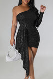 Zjkrl - Blue Sexy Celebrities Solid Sequins Patchwork One Shoulder Wrapped Skirt Dresses
