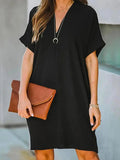 Zjkrl - Loose Short Sleeves Butterfly Hollow Solid Color V-Neck Mini Dresses
