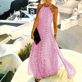 Zjkrl - Fashion Sexy Halter Print Pleated Long Dress Women Sweet O Neck Beach Maxi Dress