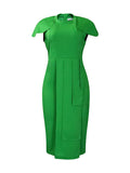 Zjkrl - Short Sleeves Skinny Pleated Solid Color Split-Back Split-Front Split-Joint Round-Neck Midi Dresses