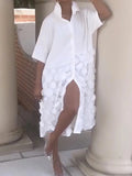 Half Sleeves Loose Applique Solid Color Split-Joint Lapel Collar Midi Dresses