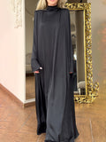 Zjkrl - Flared Sleeves Long Sleeves Solid Color High-Neck Maxi Dresses
