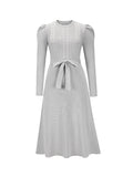 Zjkrl - High Waisted Long Sleeves Solid Color Tied Waist Round-Neck Midi Dresses Sweater Dresses