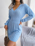 Zjkrl - High Waisted Long Sleeves Solid Color V-Neck Mini Dresses Sweater Dresses