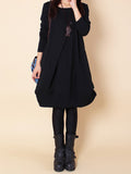 Zjkrl - Original Loose Pleated 4 Colors Round-Neck Long Sleeves Short Dress