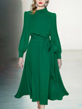 Zjkrl - Urban Puff Sleeves Belted Solid Color Midi Dresses