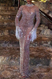 Zjkrl - Caramel Colour Sexy Solid Tassel Patchwork See-through Rhinestone Half A Turtleneck One Step Skirt Dresses