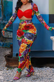 Zjkrl - Red Elegant Patchwork Print Floral Patchwork Fold Printing Strapless Printed Dress Dresses