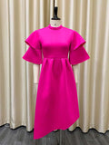Original Loose Half Sleeves Falbala Solid Color Round-Neck Midi Dresses