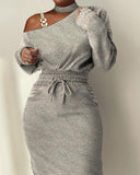 Zjkrl Chain Strap Cold Shoulder Drawstring Sweatshirt Dress