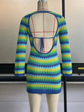 Zjkrl - Long Sleeves Skinny Backless Contrast Color Tied Round-Neck Mini Dresses Sweater Dresses