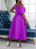 Zjkrl - Wrap Hollow Pleated Solid Color Zipper One-Shoulder Midi Dresses