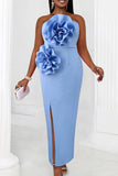 Zjkrl - Sky Blue Sexy Formal Solid Patchwork Backless Slit Strapless Evening Dress Dresses
