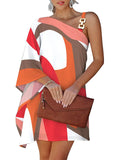 Zjkrl - Original Loose Contrast Color Printed One-Shoulder Mini Dresses