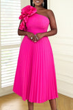 Zjkrl - Rose Red Sexy Casual Solid Patchwork Oblique Collar Pleated Dresses