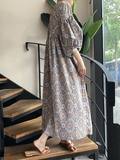 Zjkrl - Vintage Floral Printed V-Neck Pleated Puff Sleeves Midi Dress