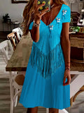 Zjkrl - Western Vintage Leather Fringe Art V Neck Midi Dress