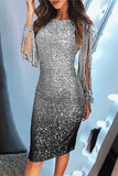 Zjkrl - Black Elegant Print Sequins O Neck Pencil Skirt Dresses