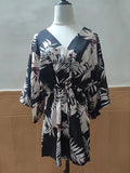 Zjkrl - Original Loose Leaf Printed Contrast Color Tied Buttoned Mini Shirt Dress